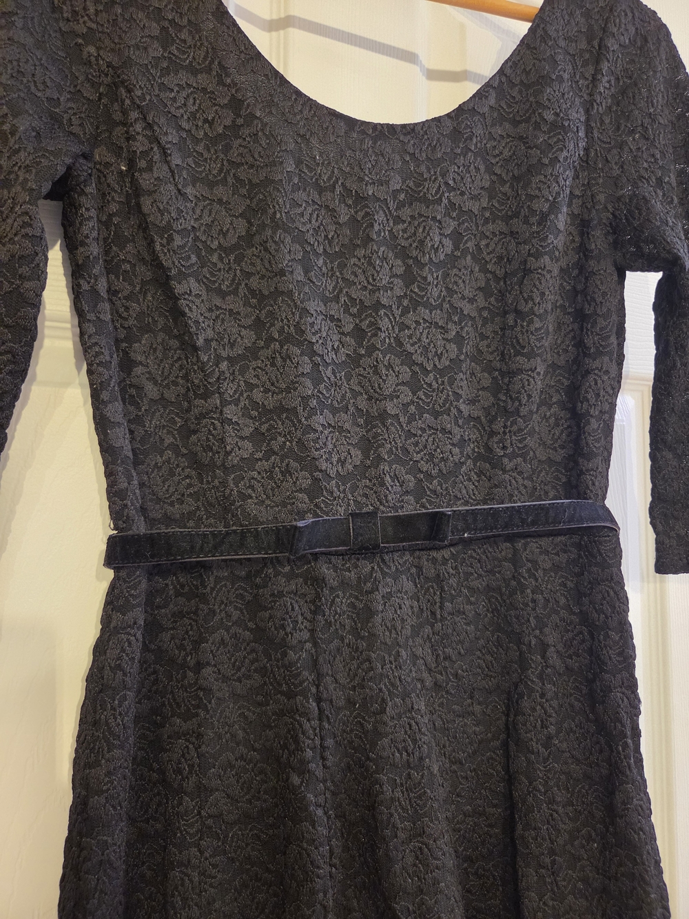 White House Black Market Black Lace Dress with Velvet Belt